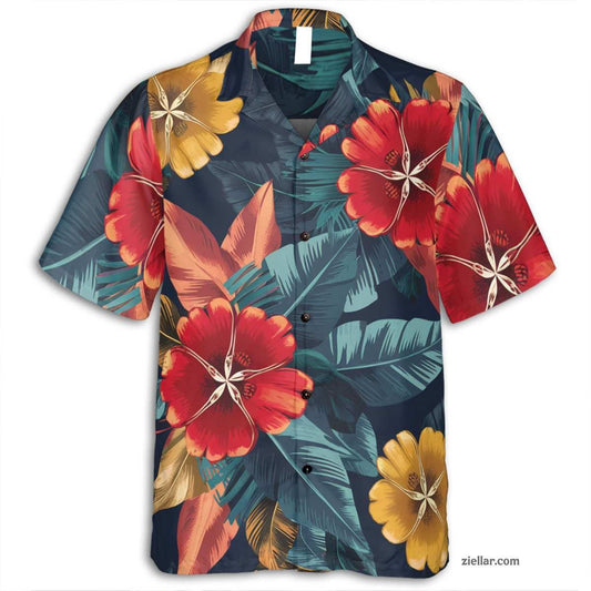 Navy Hawaiian Shirt Tee with Tropical Flowers, Summer Beach Gift Unisex