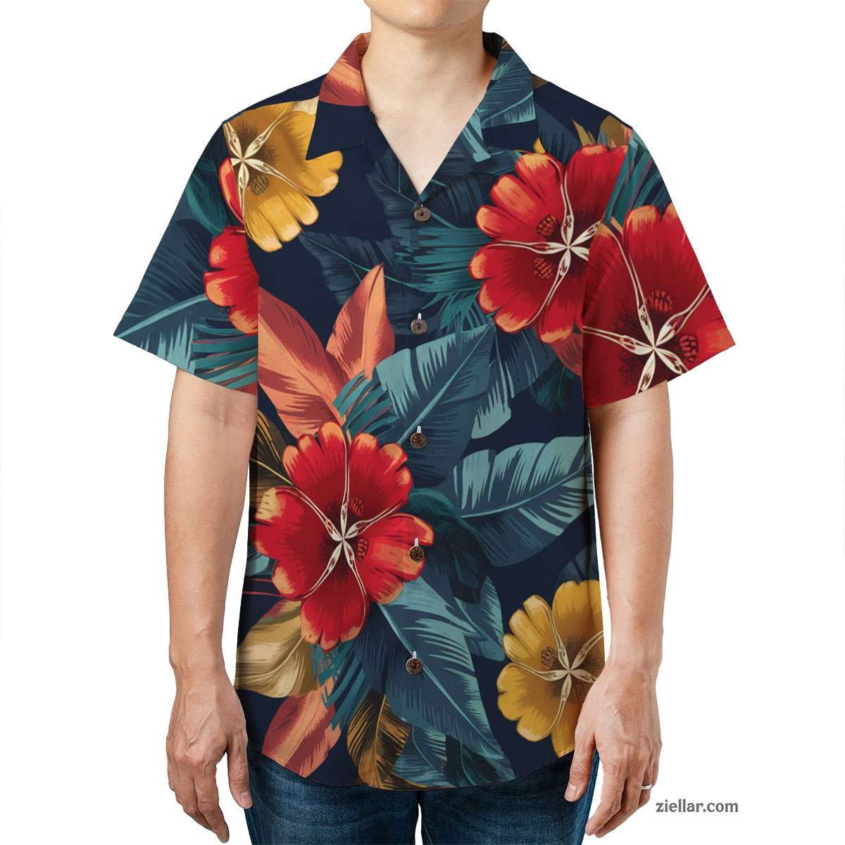 Navy Hawaiian Shirt Tee with Tropical Flowers, Summer Beach Gift Unisex