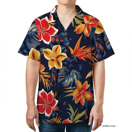 Navy Palm Leaves Hawaiian Shirt and Tee, Aloha Beach Party Wear for Men