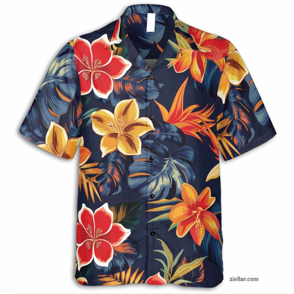 Navy Palm Leaves Hawaiian Shirt and Tee, Aloha Beach Party Wear for Men