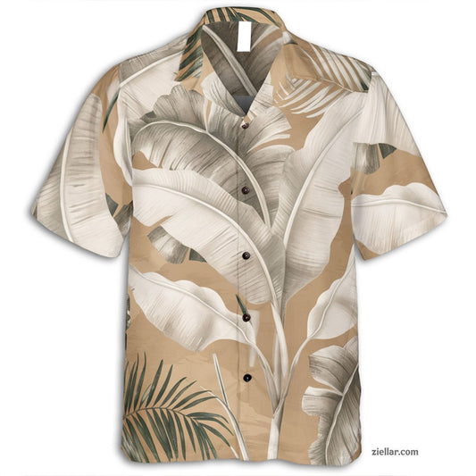 Neutral Tropical Leaves Hawaiian Shirt and Tee, Stylish Vacation Wear