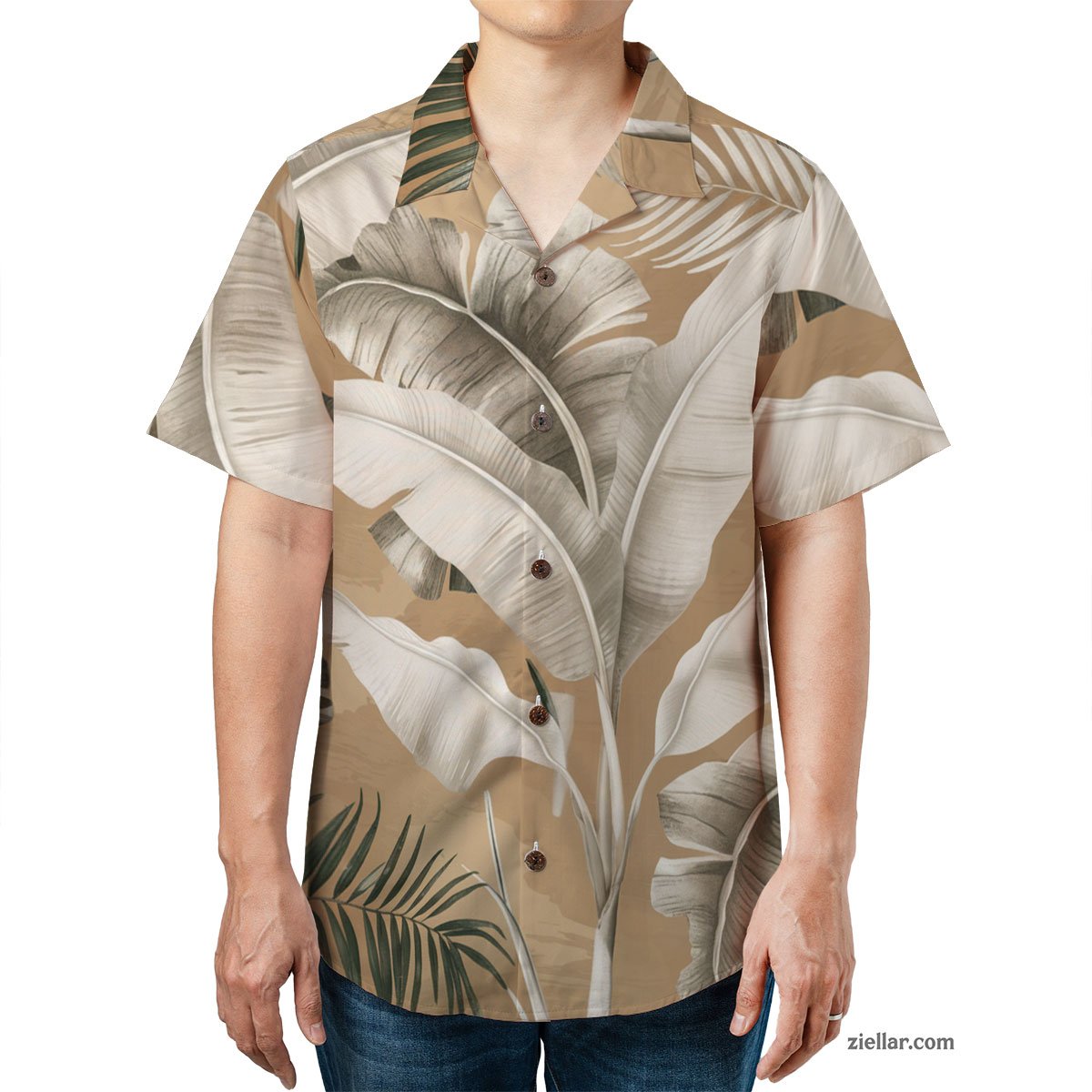 Neutral Tropical Leaves Hawaiian Shirt and Tee, Stylish Vacation Wear