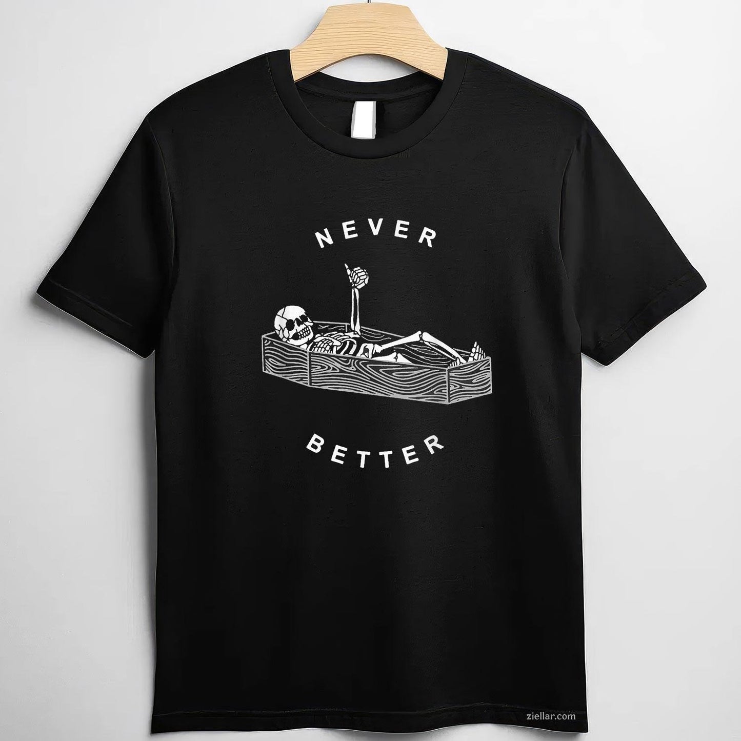 Never Better Skull Skeleton In The Coffin Halloween Tee, Halloween T-Shirt for Men Women Adults Unisex, Classic Fit Unisex Design, Everyday Wear Essential