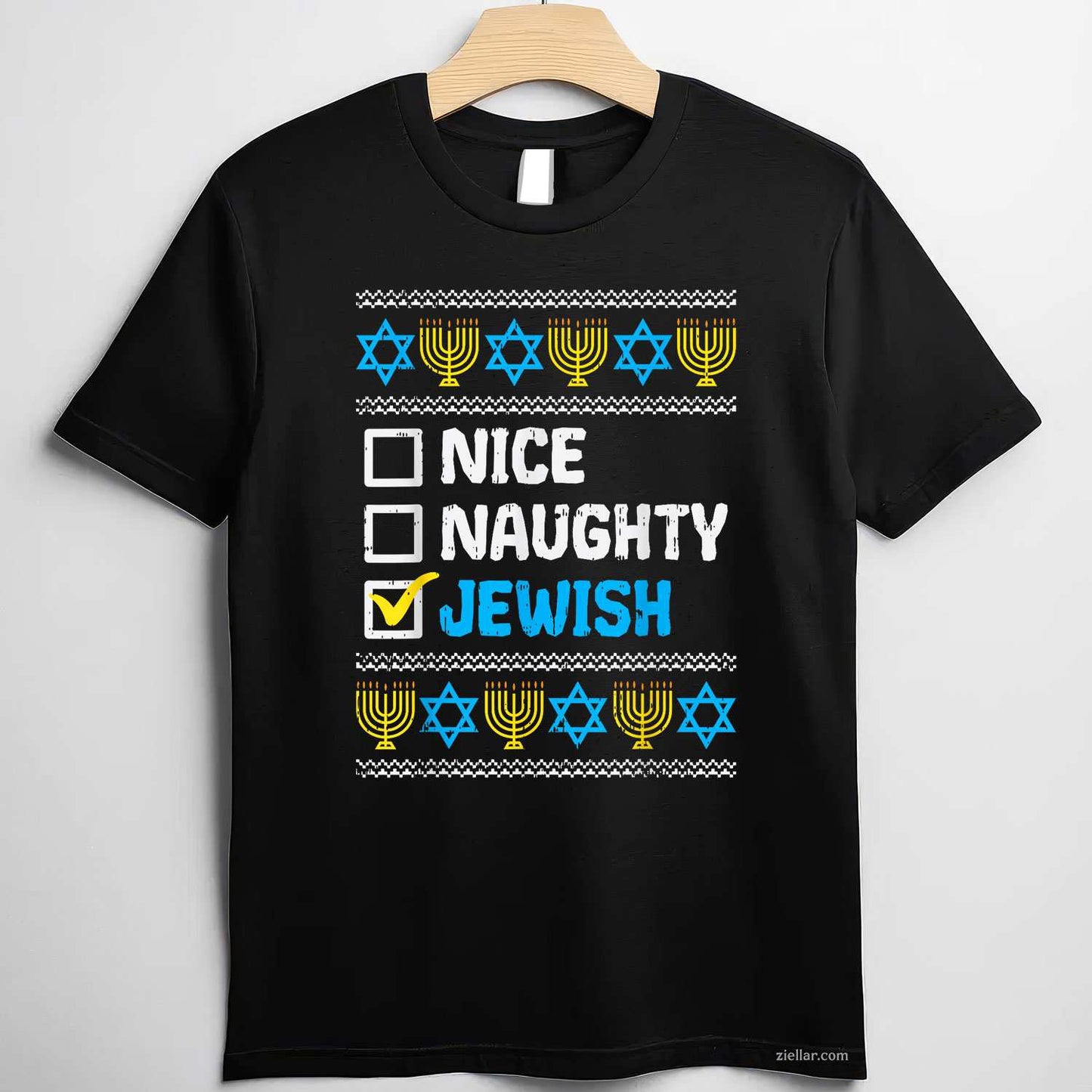 Nice Naughty Jewish Ugly Hanukkah Sweater Chanukah Jew Gift Short Sleeve T-Shirt_ Humorous Holiday Tee