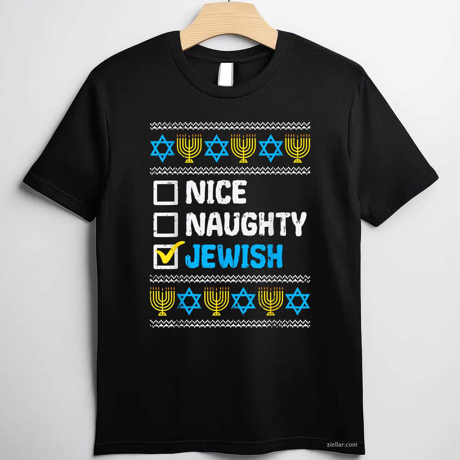 Nice Naughty Jewish Ugly Hanukkah Sweater Chanukah Jew Gift Short Sleeve T-Shirt_ Humorous Holiday Tee