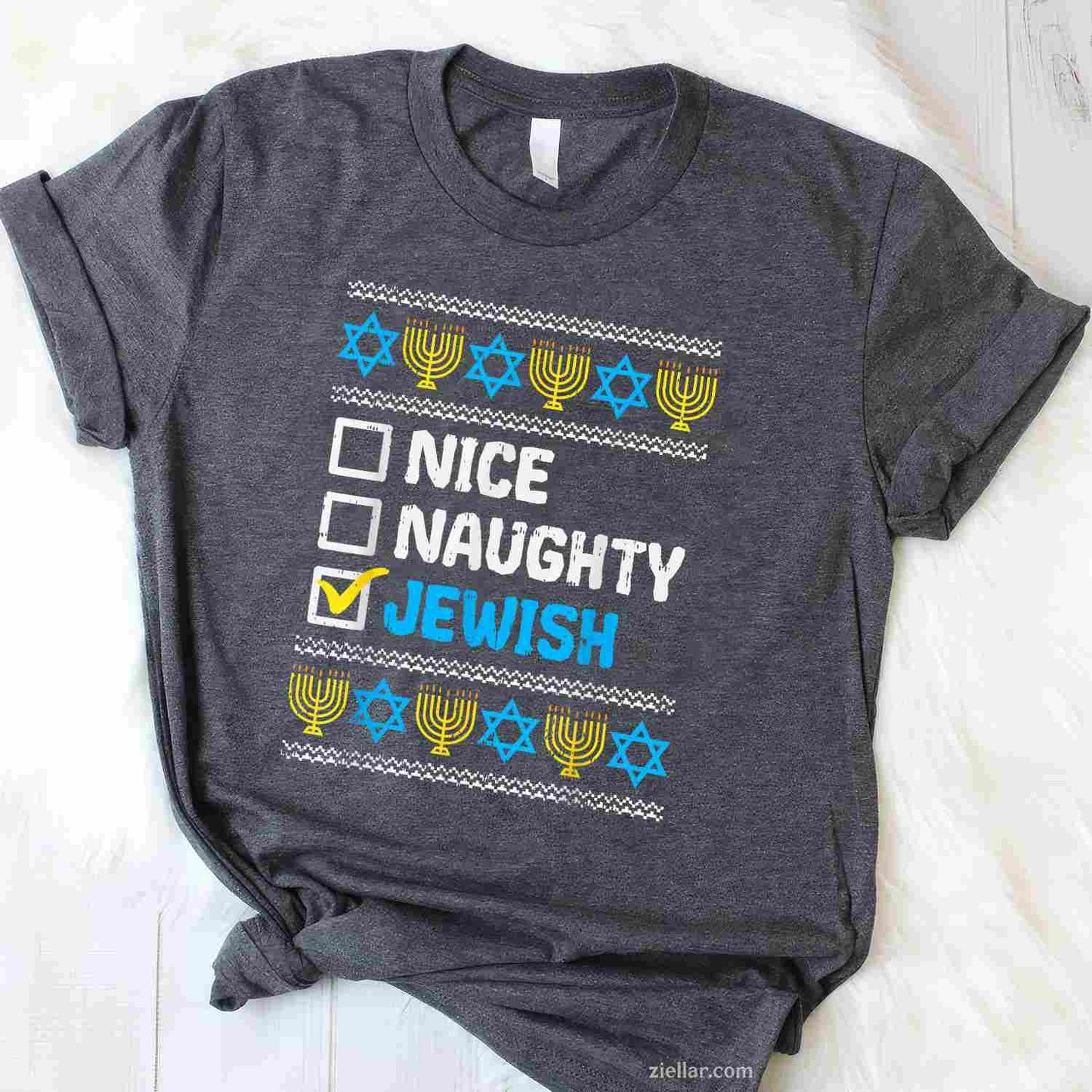 Nice Naughty Jewish Ugly Hanukkah Sweater Chanukah Jew Gift Short Sleeve T-Shirt_ Humorous Holiday Tee