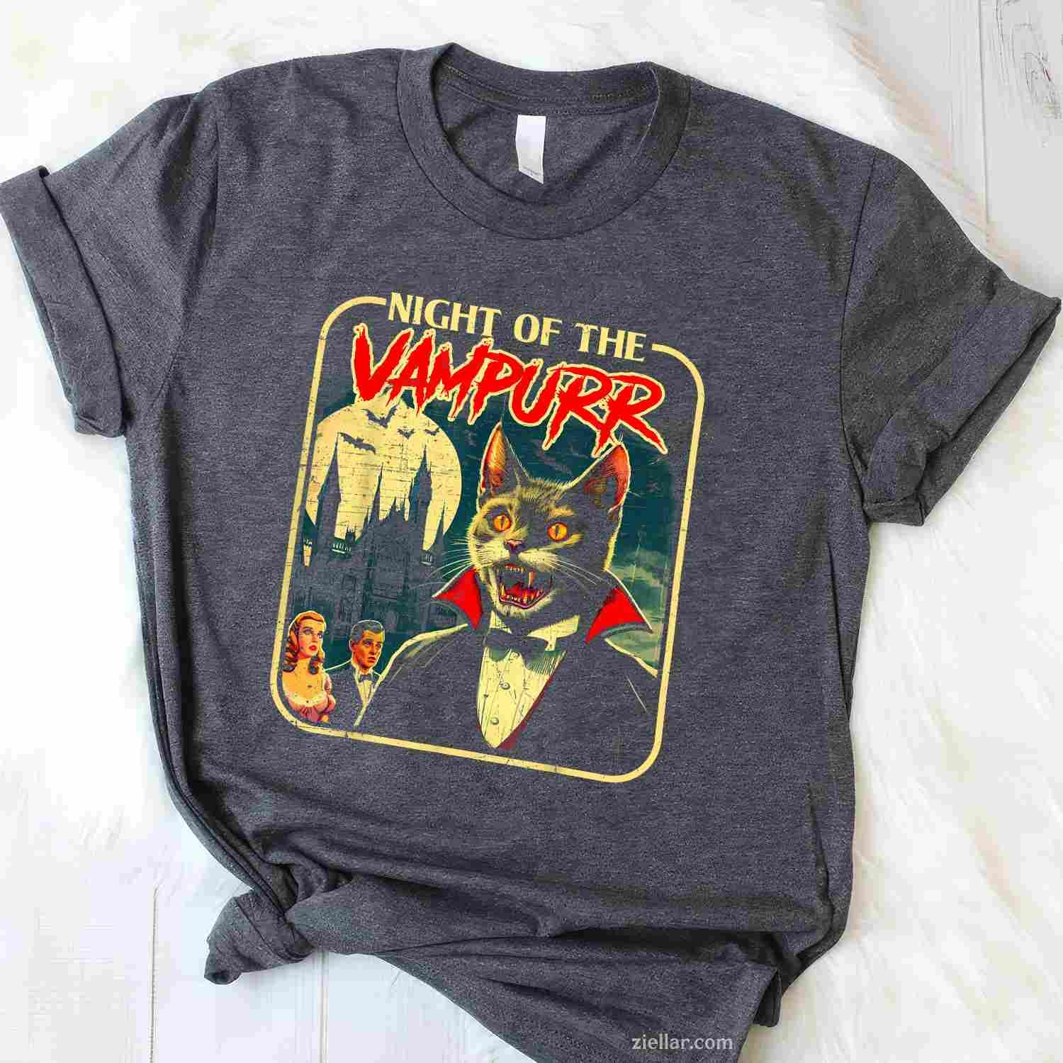Night of the Vampurr Funny Cat Halloween Tee, Halloween T-Shirt for Men Women Adults Unisex, Trendy Graphic Apparel, Unique Gift Idea