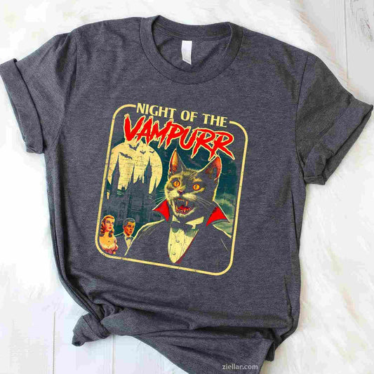 Night of the Vampurr Funny Cat Halloween Tee, Halloween T-Shirt for Men Women Adults Unisex, Trendy Graphic Apparel, Unique Gift Idea