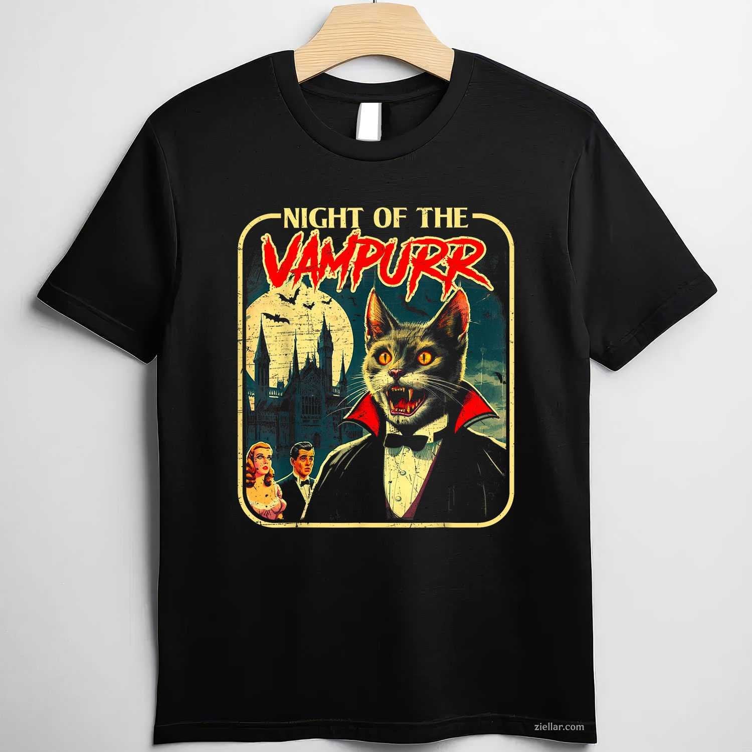 Night of the Vampurr Funny Cat Halloween Tee, Halloween T-Shirt for Men Women Adults Unisex, Trendy Graphic Apparel, Unique Gift Idea