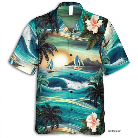 Ocean Palm Sunset Hawaiian Shirt and Tee, Beach Aloha Outfit for Men Women