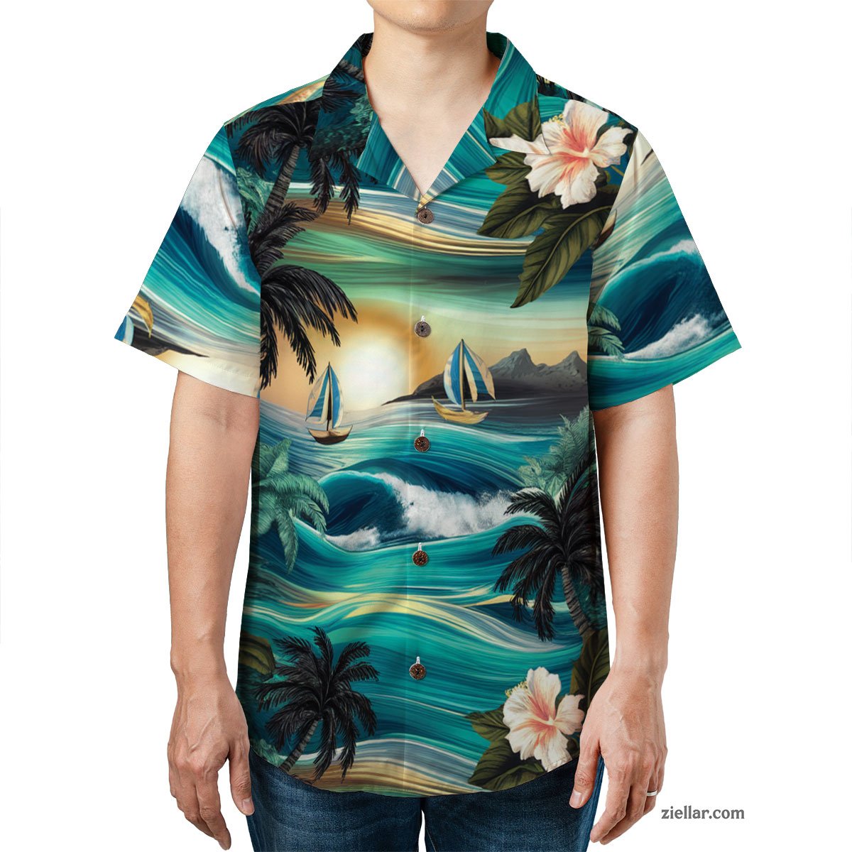Ocean Palm Sunset Hawaiian Shirt and Tee, Beach Aloha Outfit for Men Women
