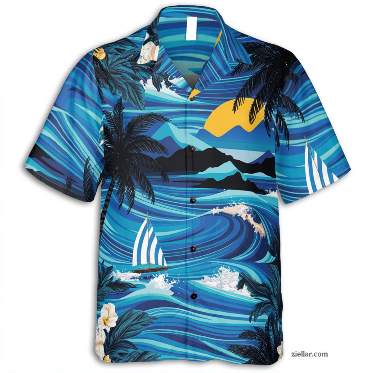 Ocean Sunset & Palm Tree Hawaiian Shirt and Tee, Aloha Beachwear Gift