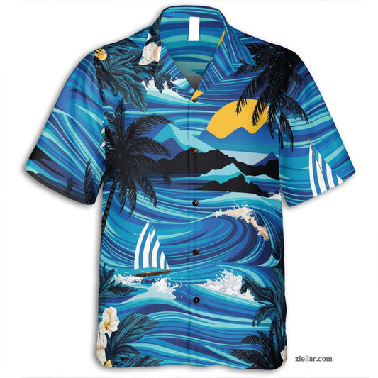 Ocean Sunset & Palm Tree Hawaiian Shirt and Tee, Aloha Beachwear Gift