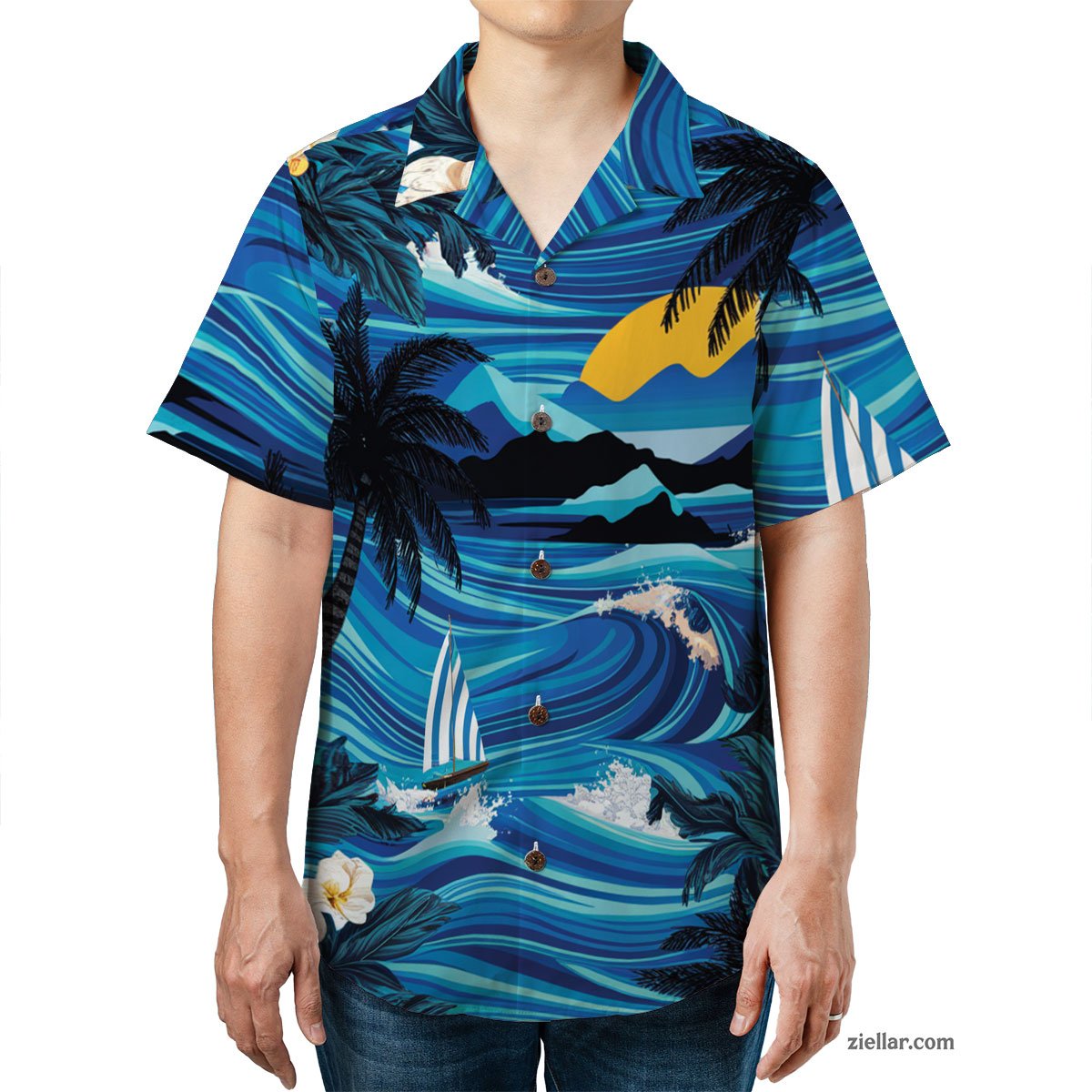 Ocean Sunset & Palm Tree Hawaiian Shirt and Tee, Aloha Beachwear Gift