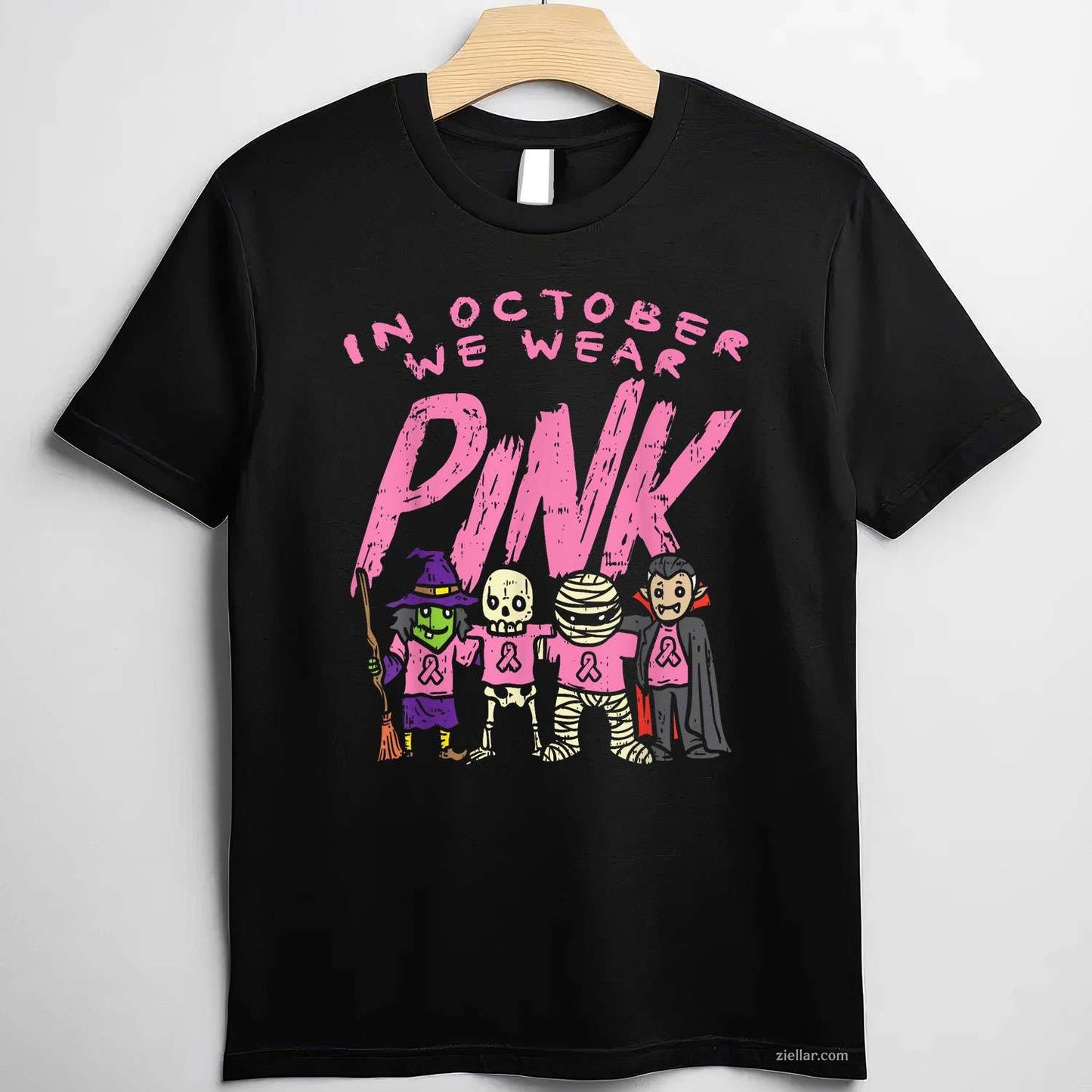 October We Wear Pink Witch Skeleton Halloween Breast Cancer Funny Graphic Tee and T-Shirt Gift for Adults Men Women Unisex