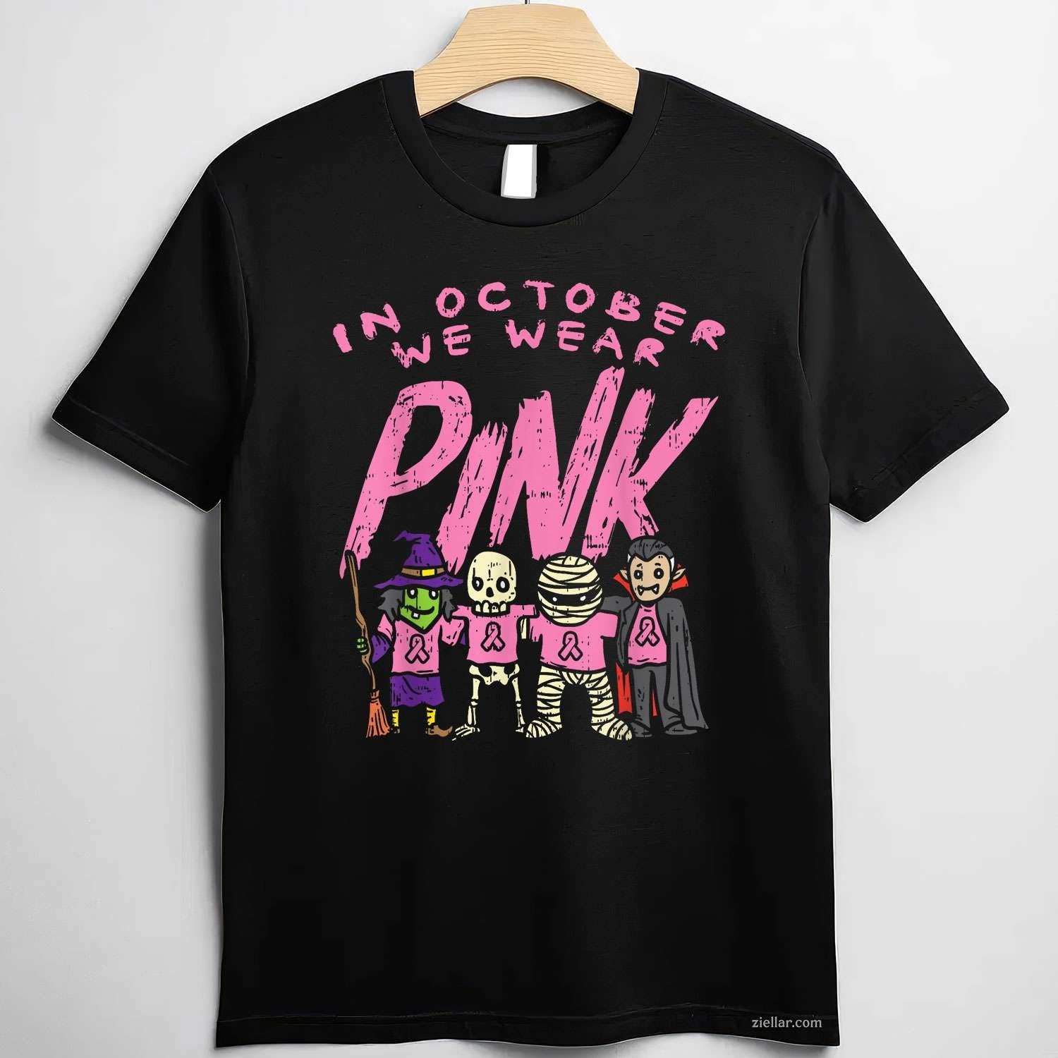 October We Wear Pink Witch Skeleton Halloween Breast Cancer Funny Graphic Tee and T-Shirt Gift for Adults Men Women Unisex
