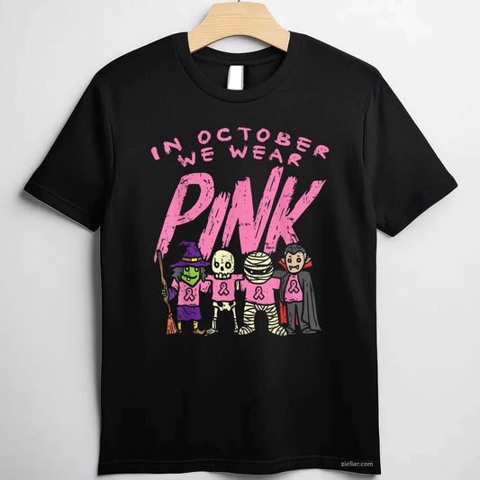 October We Wear Pink Witch Skeleton Halloween Breast Cancer Funny Graphic Tee and T-Shirt Gift for Adults Men Women Unisex