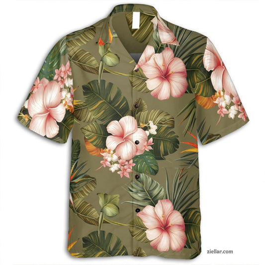 Olive Green Floral Hawaiian Shirt and Tee, Tropical Aloha Wear Unisex