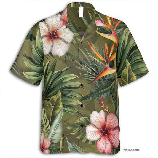 Olive Green Palm Hibiscus Hawaiian Shirt Tee, Beach Party Summer Outfit