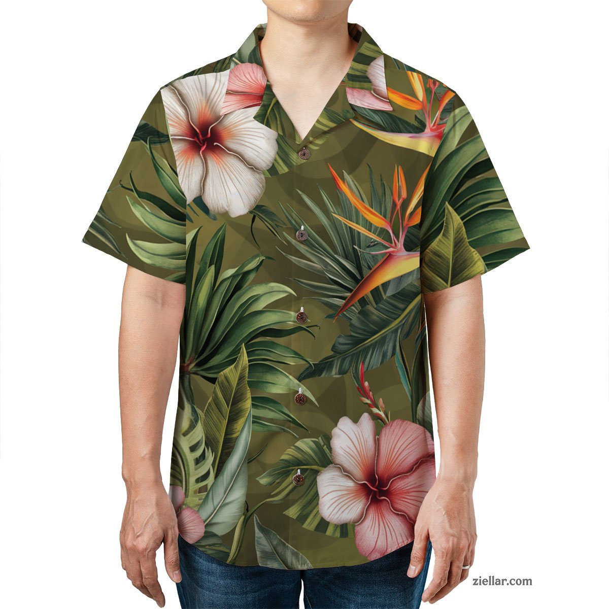 Olive Green Palm Hibiscus Hawaiian Shirt Tee, Beach Party Summer Outfit