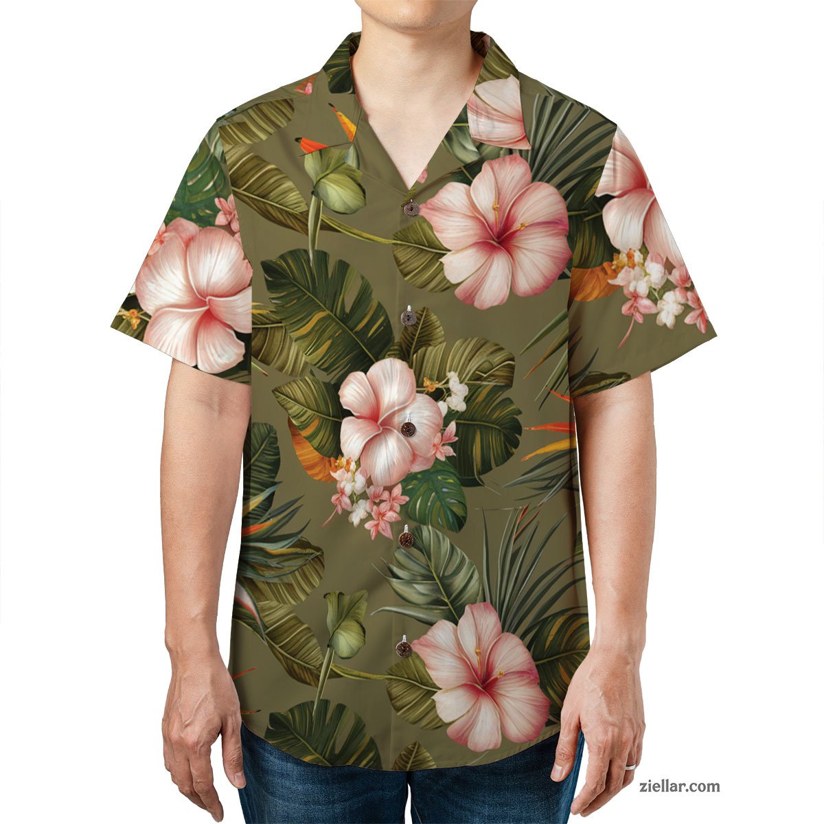 Olive Green Floral Hawaiian Shirt and Tee, Tropical Aloha Wear Unisex