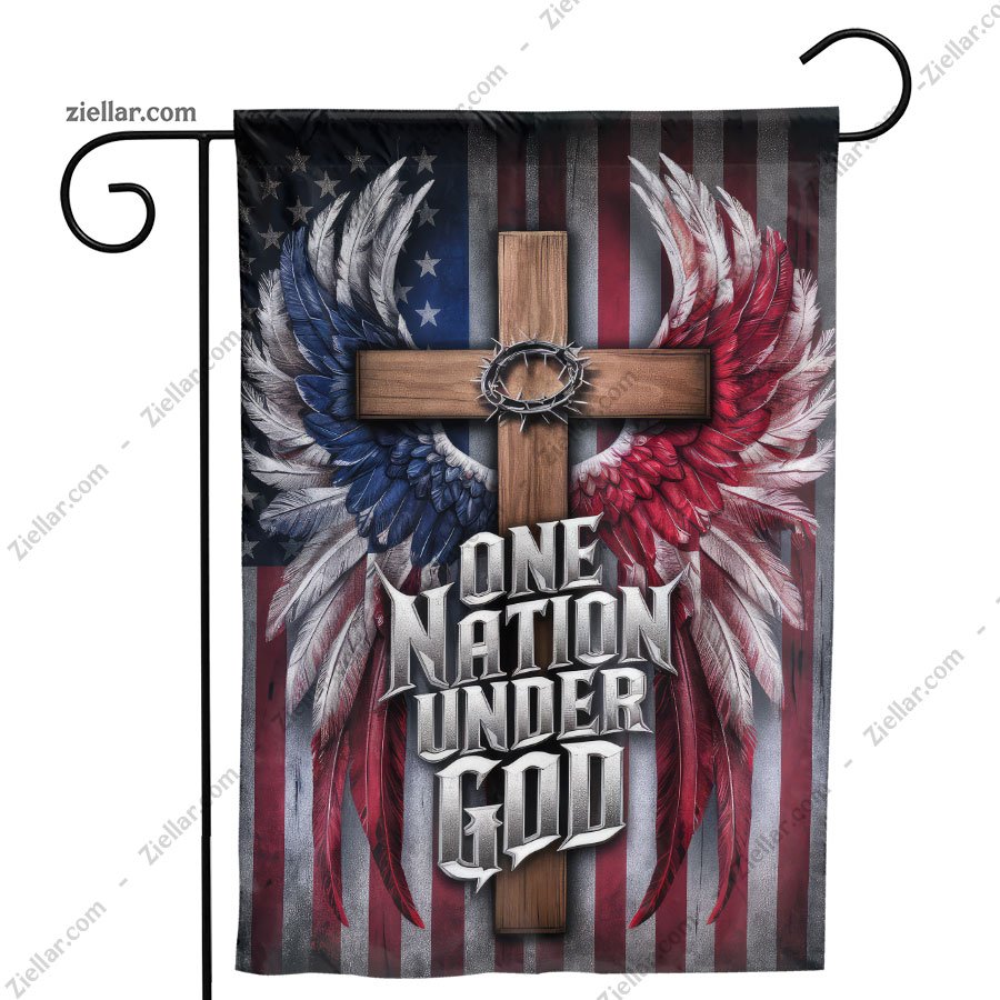 One Nation Under God Garden Flag with Cross and Wings Patriotic Outdoor Decor