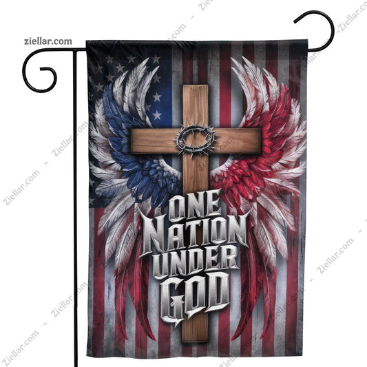 One Nation Under God Garden Flag with Cross and Wings Patriotic Outdoor Decor
