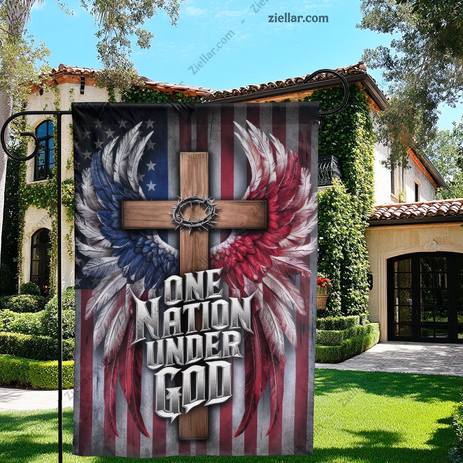 One Nation Under God Garden Flag with Cross and Wings Patriotic Outdoor Decor