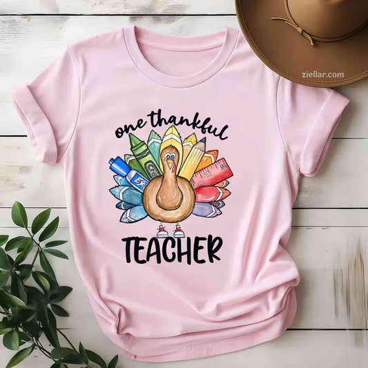 One Thankful Teacher Thanksgiving Turkey, Cute Crayon Pencil Premium T-Shirt And Tee For Men Women