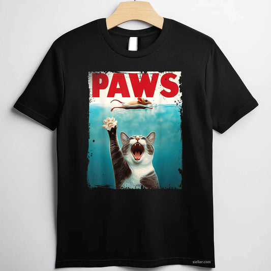 PAWS Parody Cat Mouse Humorous Cat Chasing Mouse Kitten Funny Graphic Tee and T-Shirt Gift for Adults Men Women Unisex