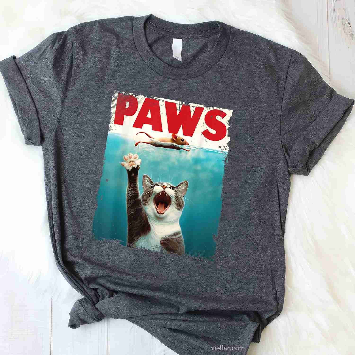PAWS Parody Cat Mouse Humorous Cat Chasing Mouse Kitten Funny Graphic Tee and T-Shirt Gift for Adults Men Women Unisex