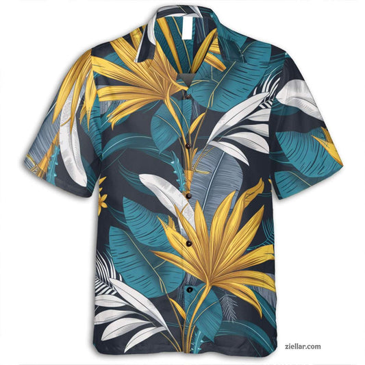 Palm Fan Leaf Hawaiian Shirt Tee, Teal Gold Print Aloha Outfit for Adults