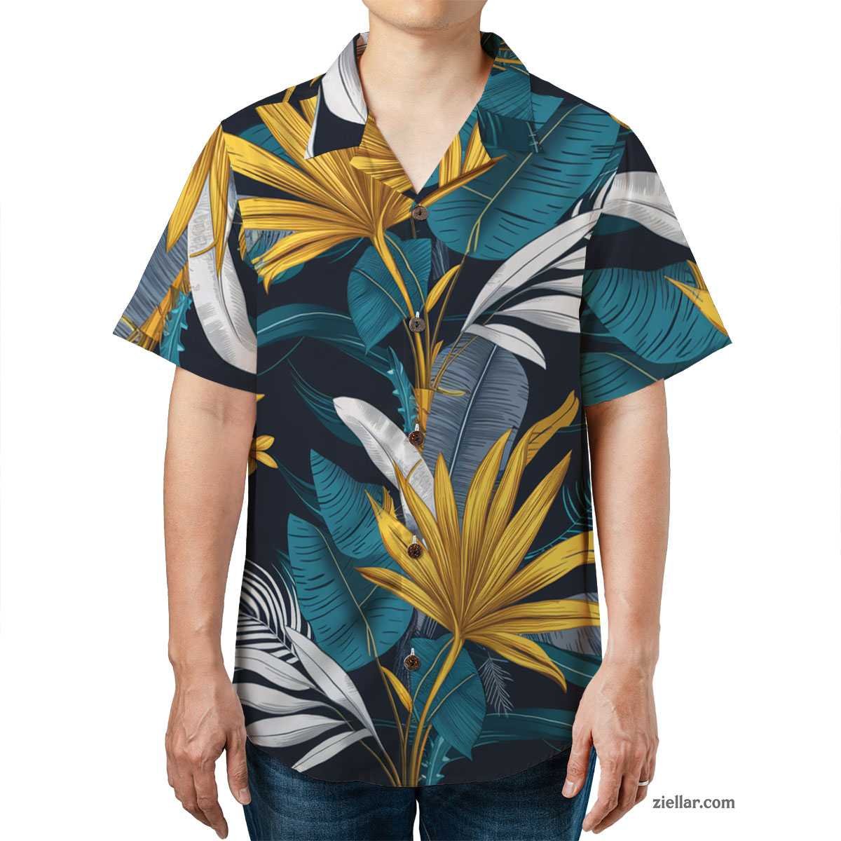 Palm Fan Leaf Hawaiian Shirt Tee, Teal Gold Print Aloha Outfit for Adults