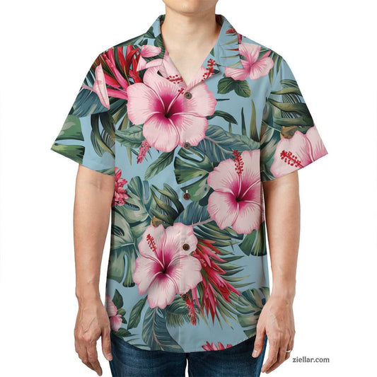 Palm Leaf & Hibiscus Hawaiian Shirt Tee, Light Blue Aloha Beach Outfit