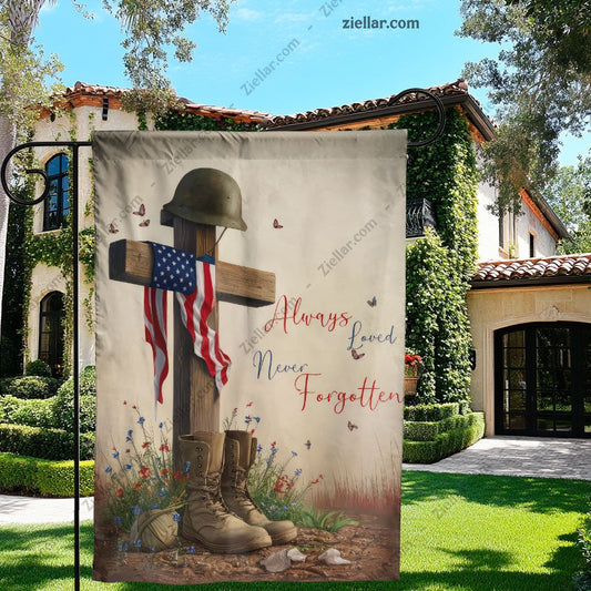 Patriotic Garden Flag Helmet on Cross with Boots and Flowers Outdoor Yard Decor