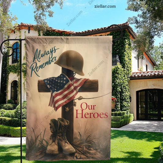 Patriotic Military Garden Flag with Helmet Boots Cross,Hero Tribute Yard Banner
