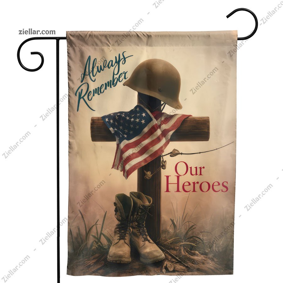 Patriotic Military Garden Flag with Helmet Boots Cross,Hero Tribute Yard Banner
