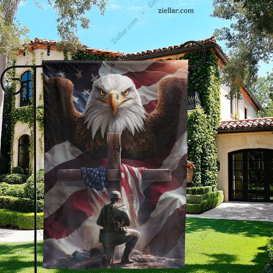 Patriotic Garden Flag Bald Eagle Kneeling Soldier and Cross Outdoor Yard Decor