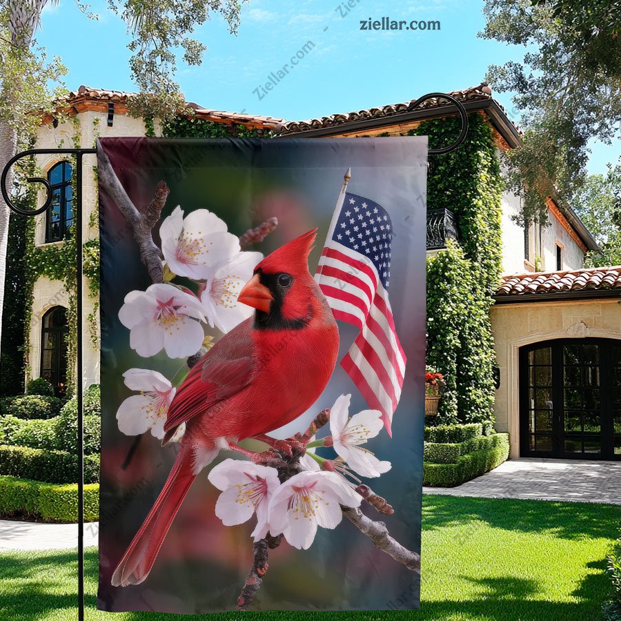 Patriotic Cardinal Garden Flag with Flowers, American Yard Banner for Outdoors