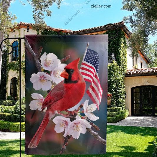 Patriotic Cardinal Garden Flag with Flowers, American Yard Banner for Outdoors