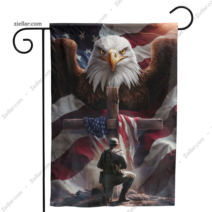 Patriotic Garden Flag Bald Eagle Kneeling Soldier and Cross Outdoor Yard Decor