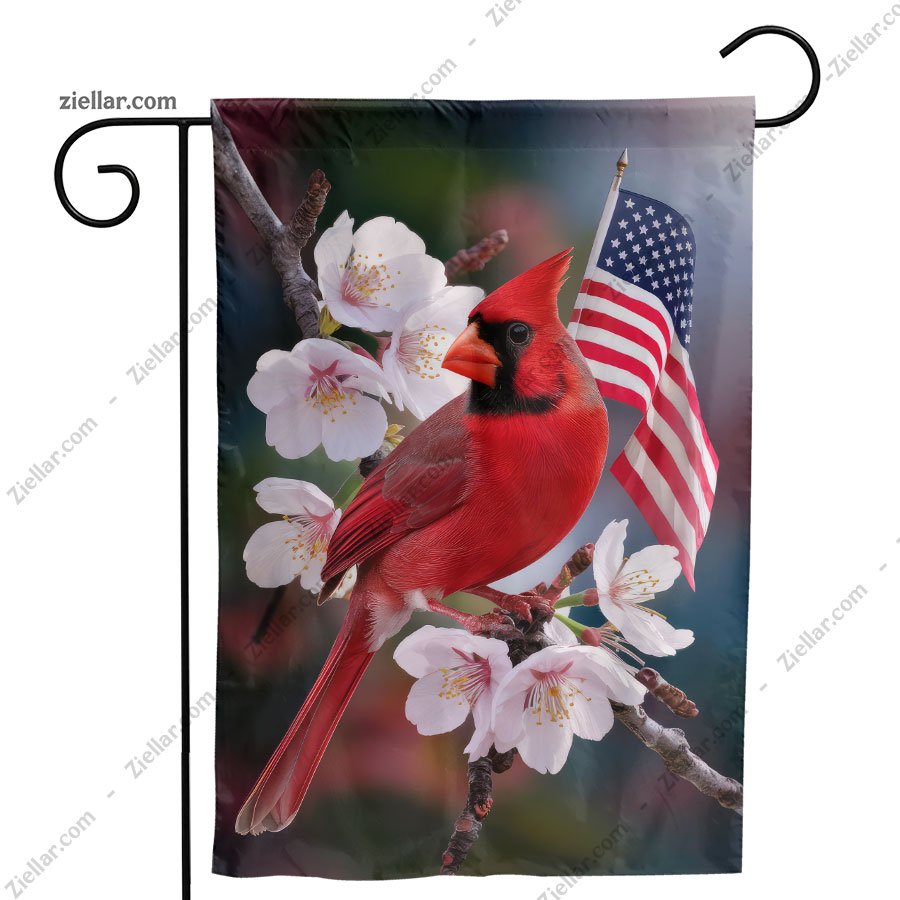 Patriotic Cardinal Garden Flag with Flowers, American Yard Banner for Outdoors