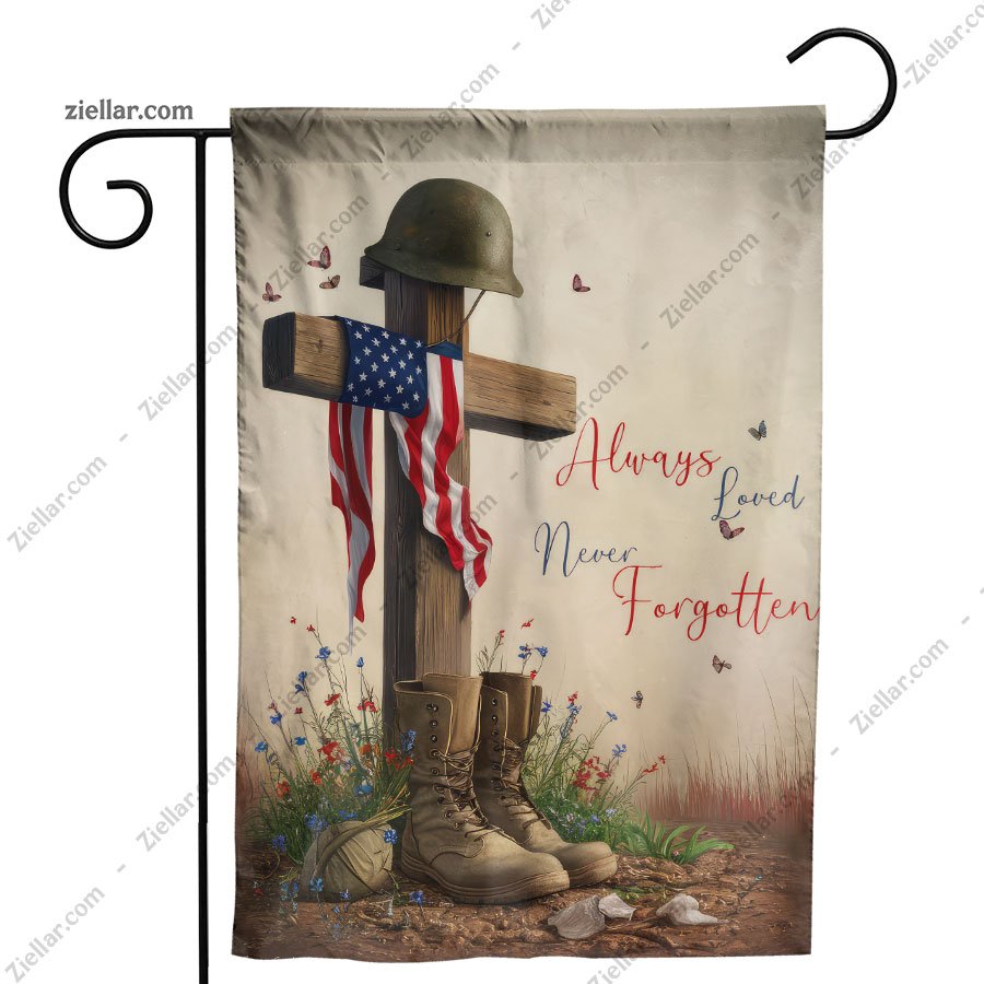 Patriotic Garden Flag Helmet on Cross with Boots and Flowers Outdoor Yard Decor