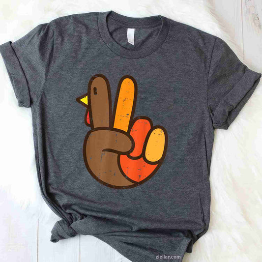 Peace Sign Turkey Hand Cool Thanksgiving Hippie Men Women T-Shirt and Tee for Adults Men Women Unisex