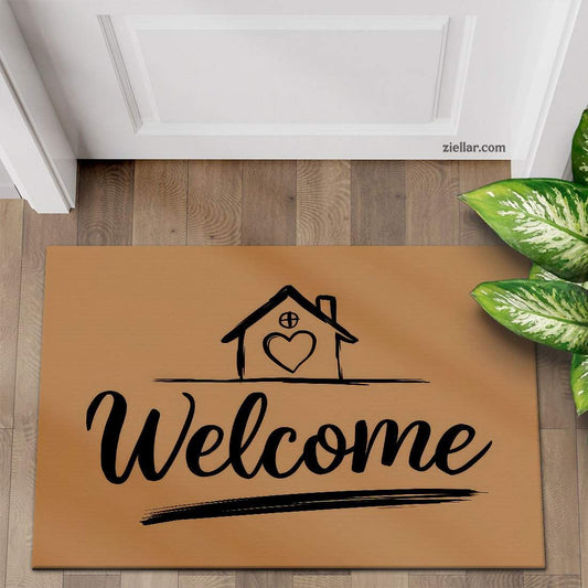 Personalized Welcome Home Doormat, Heart House Icon with Script Font Style