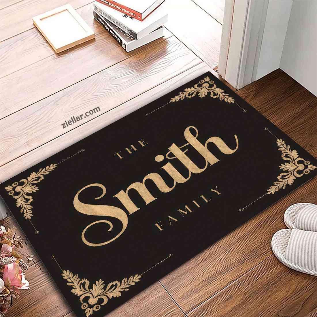 Personalized Doormat with Black and Gold Floral Corners and Family Name Text