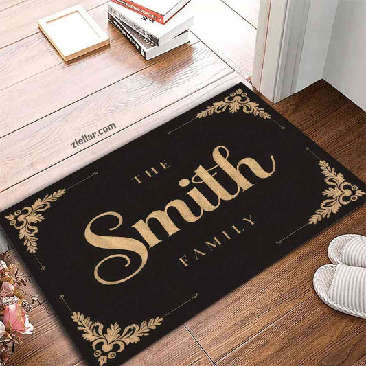 Personalized Doormat with Black and Gold Floral Corners and Family Name Text