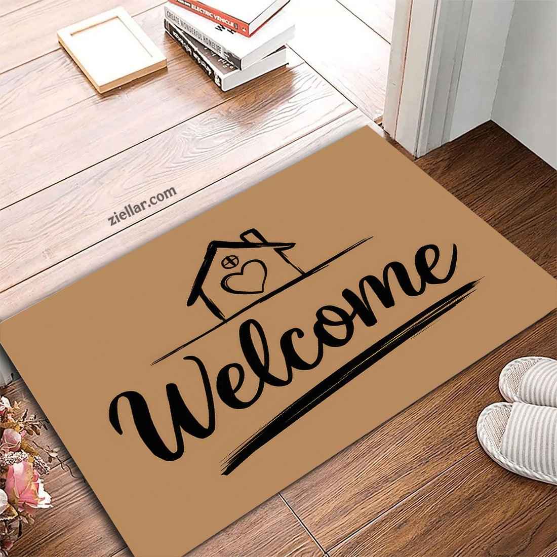 Personalized Welcome Home Doormat, Heart House Icon with Script Font Style