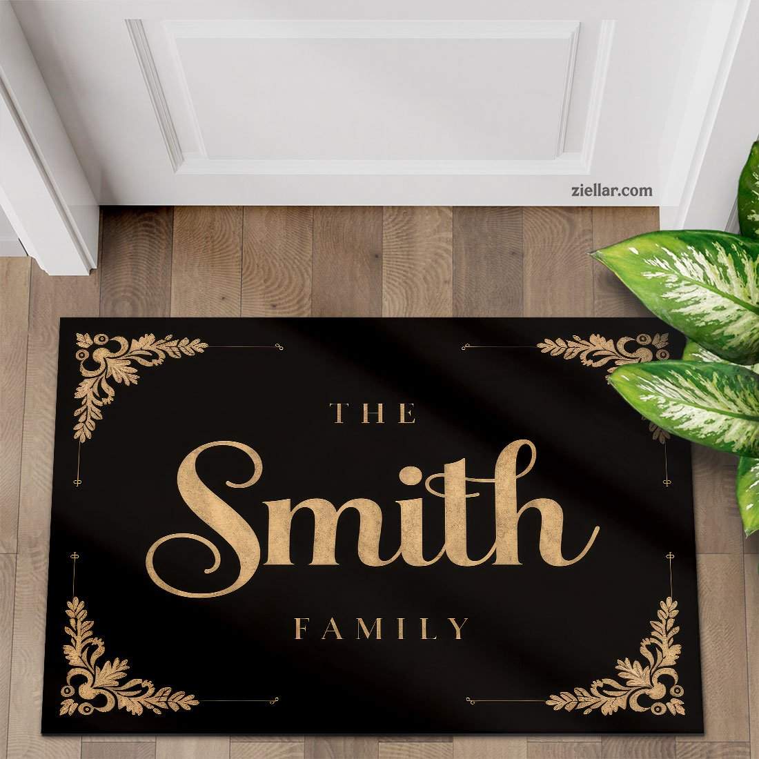 Personalized Doormat with Black and Gold Floral Corners and Family Name Text