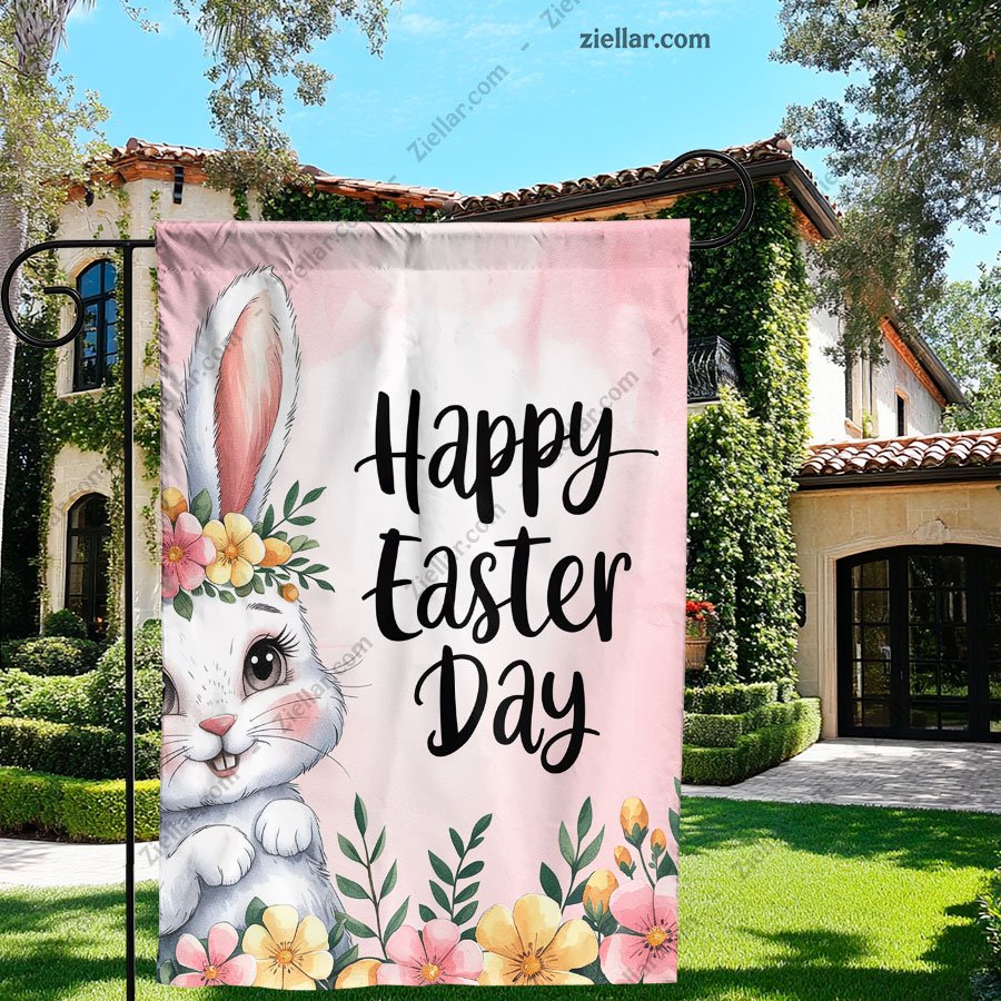 Pink Happy Easter Bunny Garden Flag 12x18 Inch, Double Sided Rabbit Yard Decor